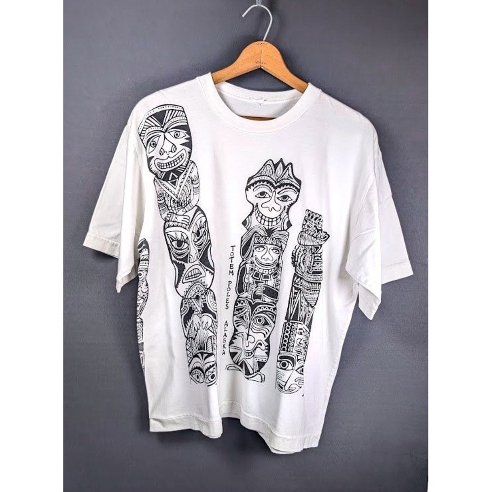 Vtg 90s Becik Designs Totem Poles Alaska T-Shirt XL Single Stitch Tribal Art
